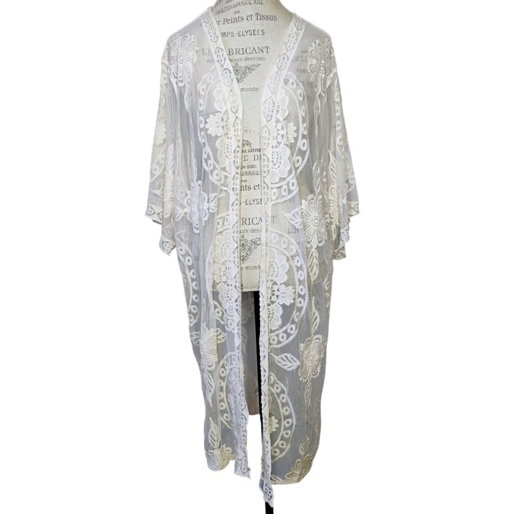 Sheer Floral Embroidered Duster Kimono Womens XXL XXXL Ivory Boho Festival - Picture 9 of 9